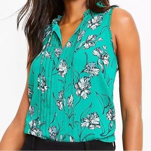 LOFT Green Floral Pintucked Ruffle Tie Neck Shell, Medium Petitie